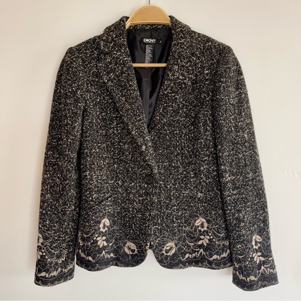 DKNY Tweed Black and Cream Short Single Button Blazer With Lace Trim